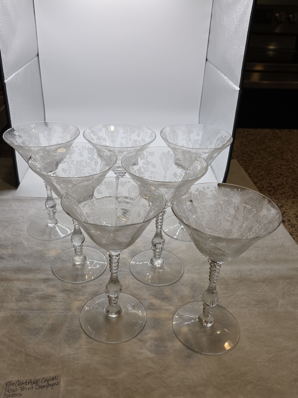 Vtg Cambridge Crystal Rpse Point Champagne Glasses Set Of 7